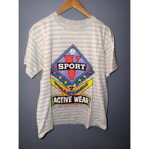 Vintage 90s LA Gear V Sport Volleyball Striped Graphic T-Shirt Grey Large